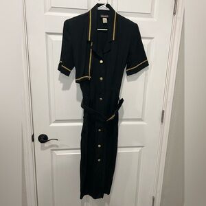 Vintage 80s JOHN ROBERTS Womens Blazer Dress Black Gold‎ Trim Retro Dynasty 9/10